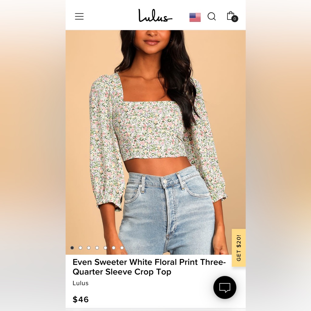 Nwt Lulu’s Floral Three-Quarter Sleeve Crop Top. Size Xl